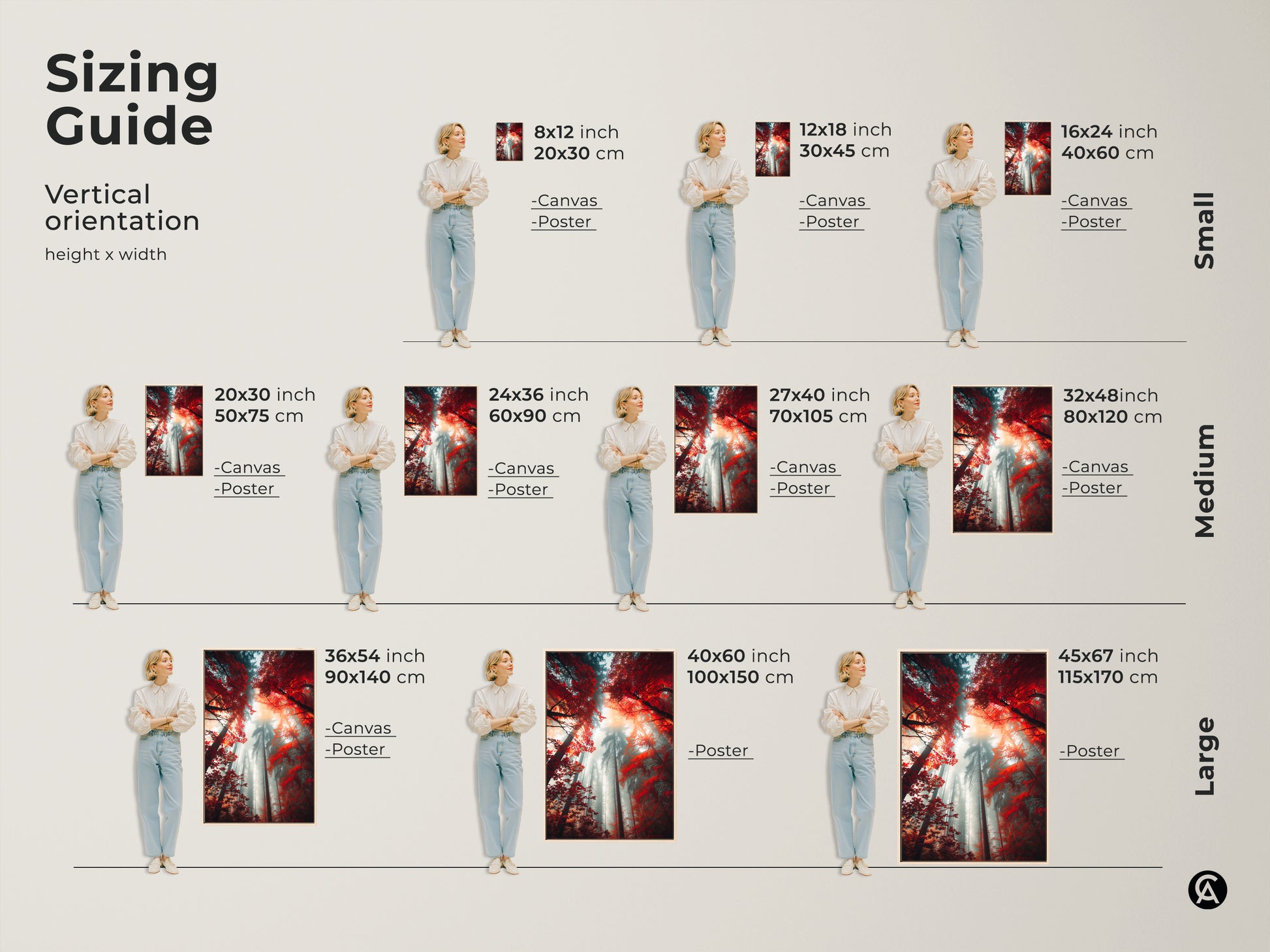 Sizing guide for vertical forest art prints. Find the perfect fit for your space. Options include canvas and poster prints. Sizes range from small 8x12 inch to large 45x67 inch formats. Transform your walls with beautifully sized forest art.
