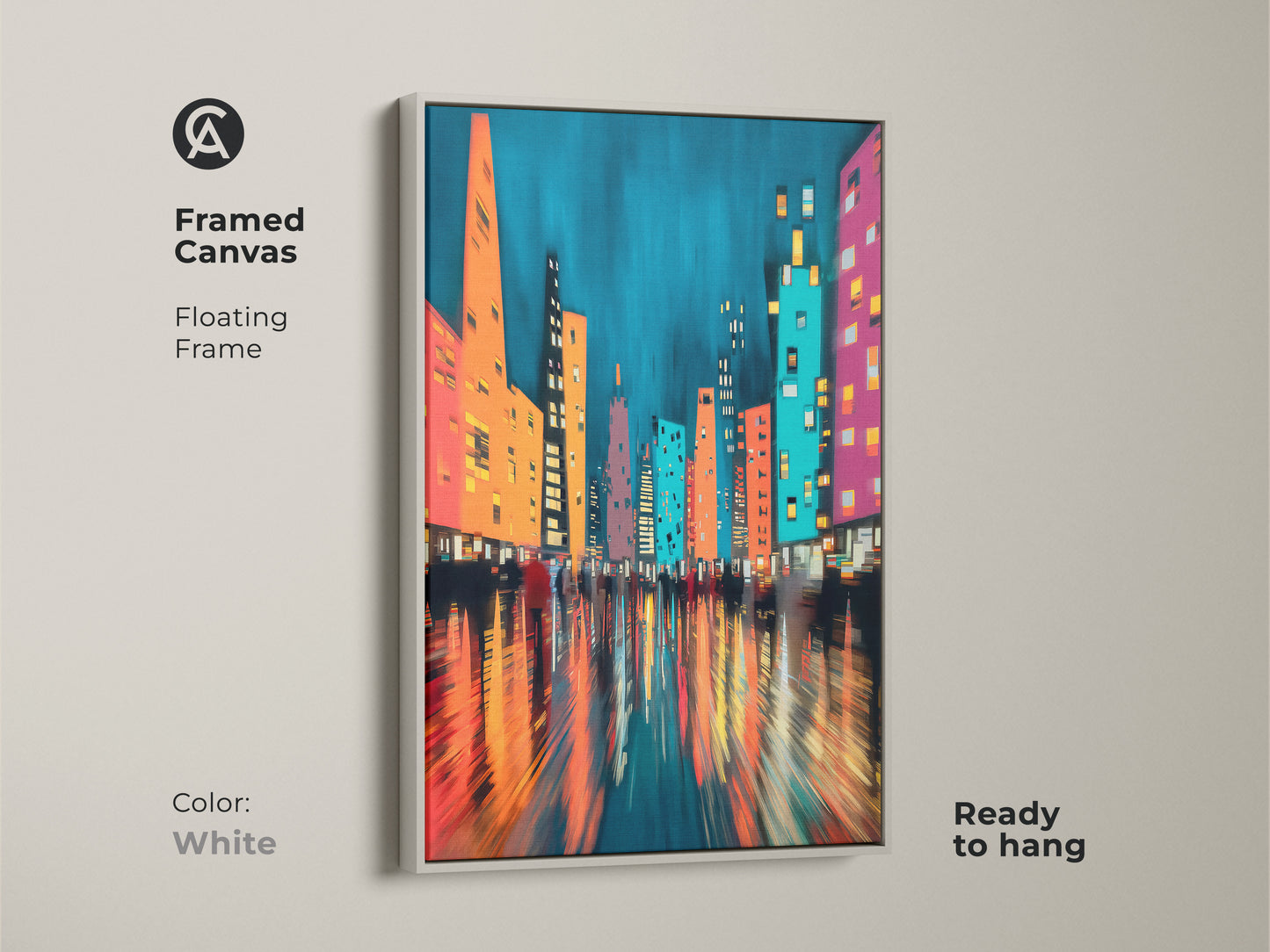 Framed canvas showcasing a modern abstract cityscape artwork. The white floating frame complements the teal blue hues with orange and pink accents. Ready to hang. Great contemporary wall art for a modern apartment or office.