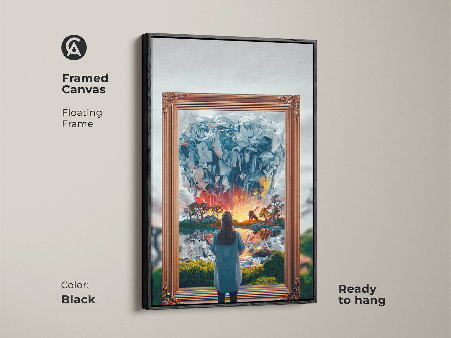 Framed Canvas Fantasy Art. A floating frame highlights this surreal artwork. This abstract crystal world canvas features a woman in a fantasy setting. The blue orange yellow art enhances any room. Ready to hang for an eclectic bedroom decor upgrade.