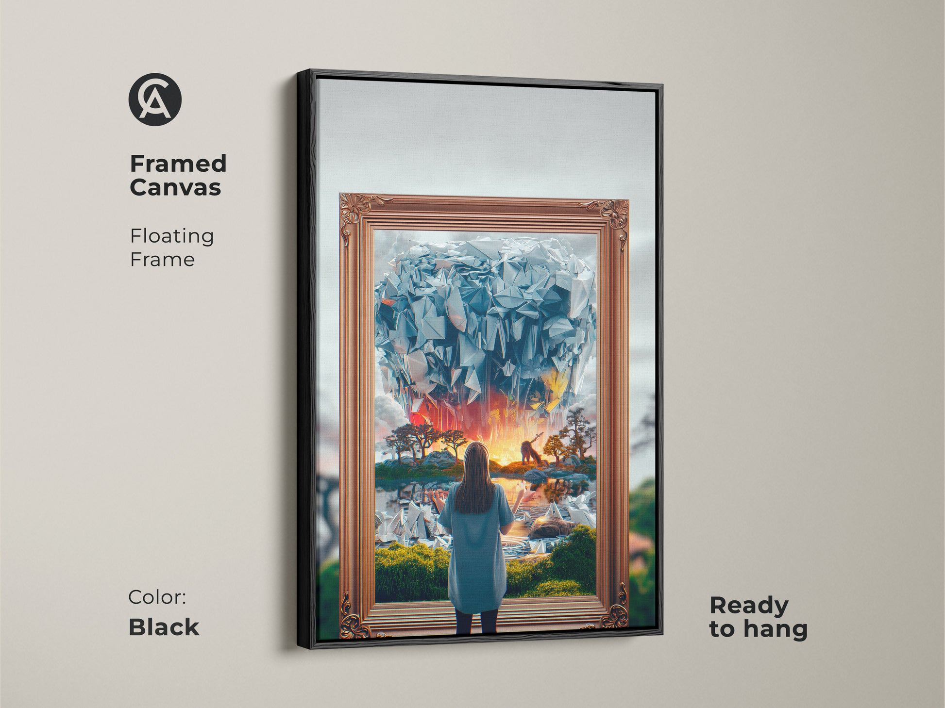 Framed Canvas Fantasy Art. A floating frame highlights this surreal artwork. This abstract crystal world canvas features a woman in a fantasy setting. The blue orange yellow art enhances any room. Ready to hang for an eclectic bedroom decor upgrade.