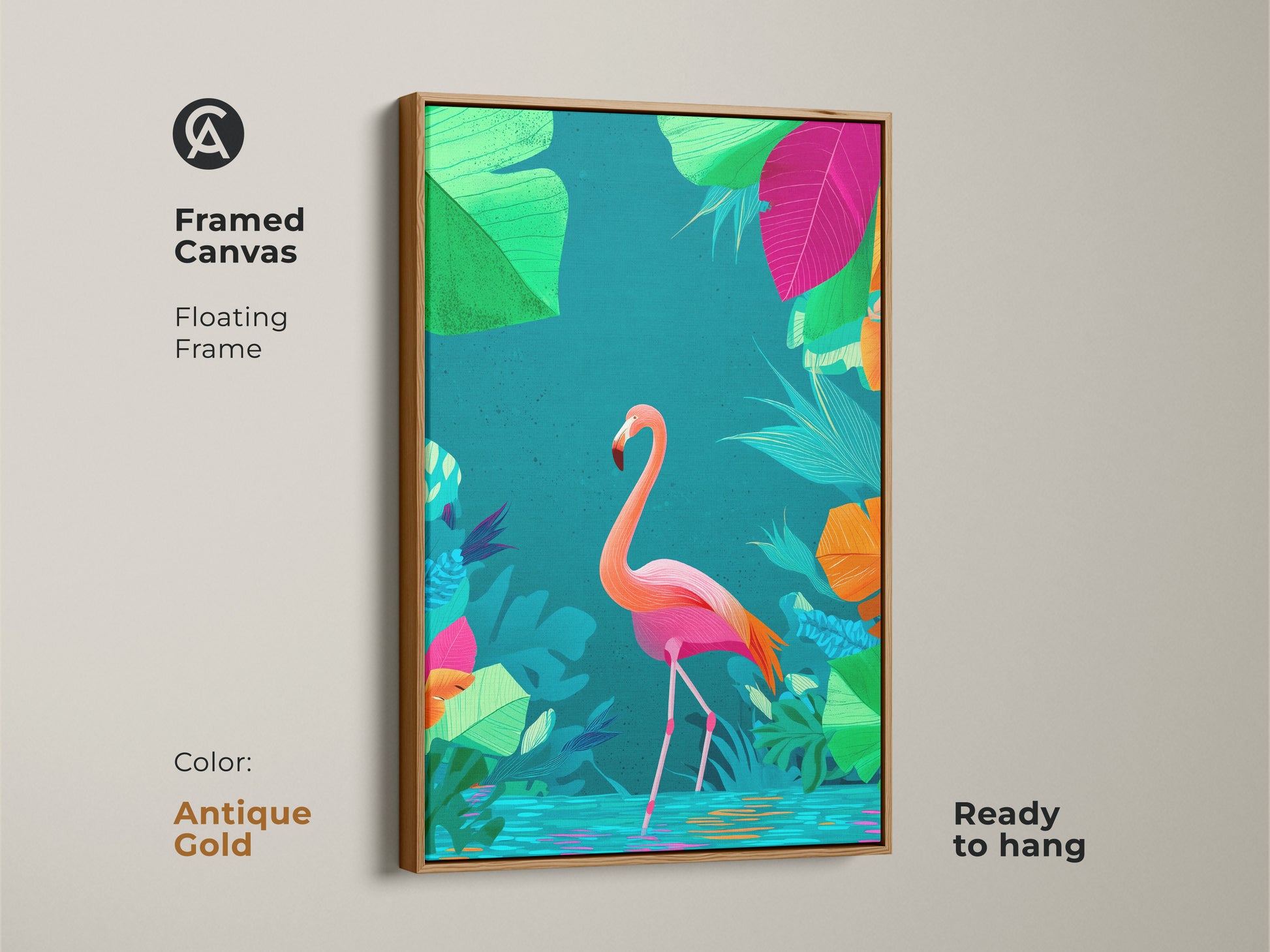 Framed canvas with a floating antique gold frame displaying flamingo artwork. The pink flamingo is surrounded by tropical leaves. This exotic bird wall decor is ready to hang.