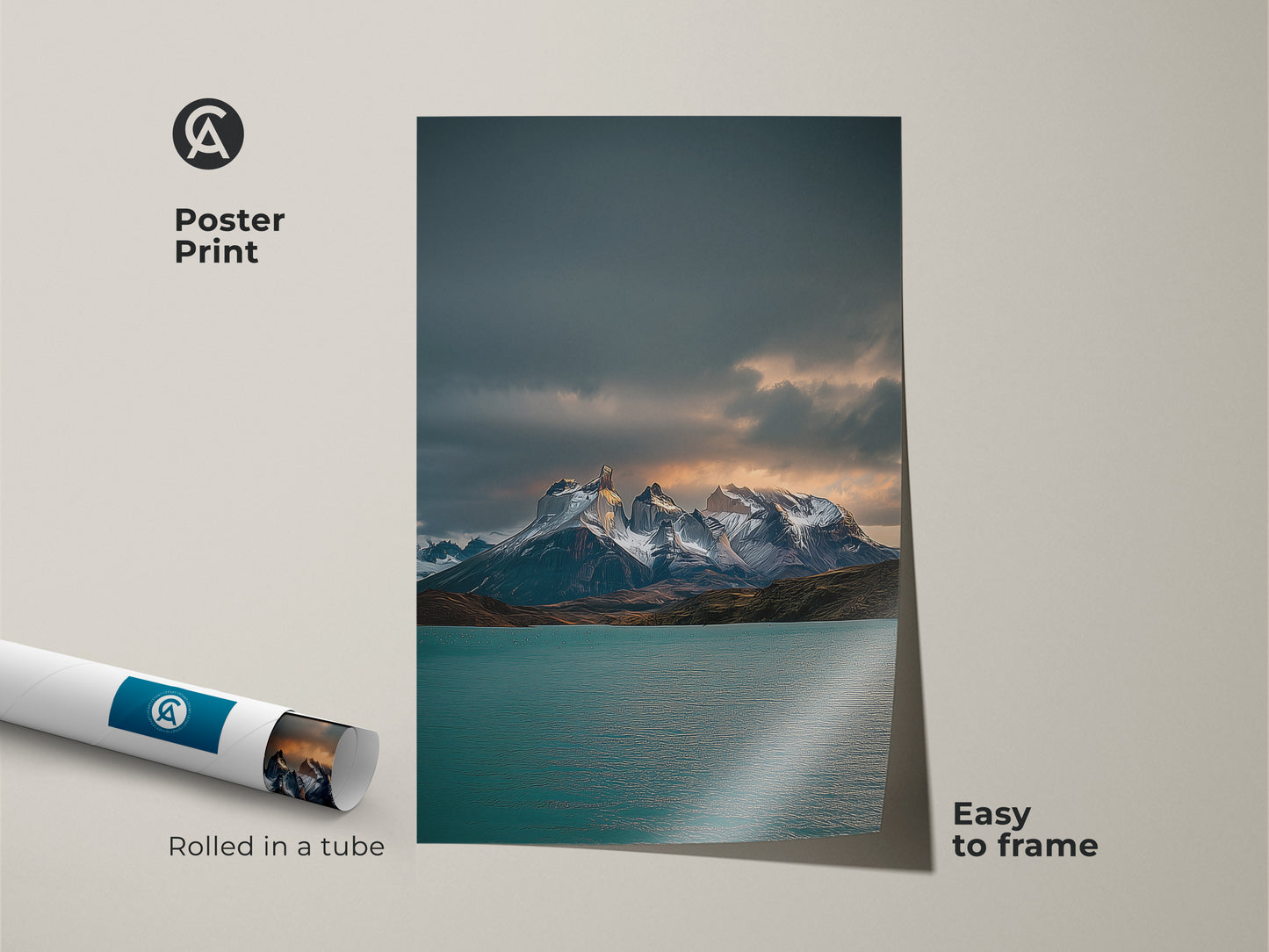 Teal lake and snowy peaks landscape poster print rolled in a tube. Easy to frame and perfect for adding cool toned landscape art to your home decor. Great gift for nature lovers.