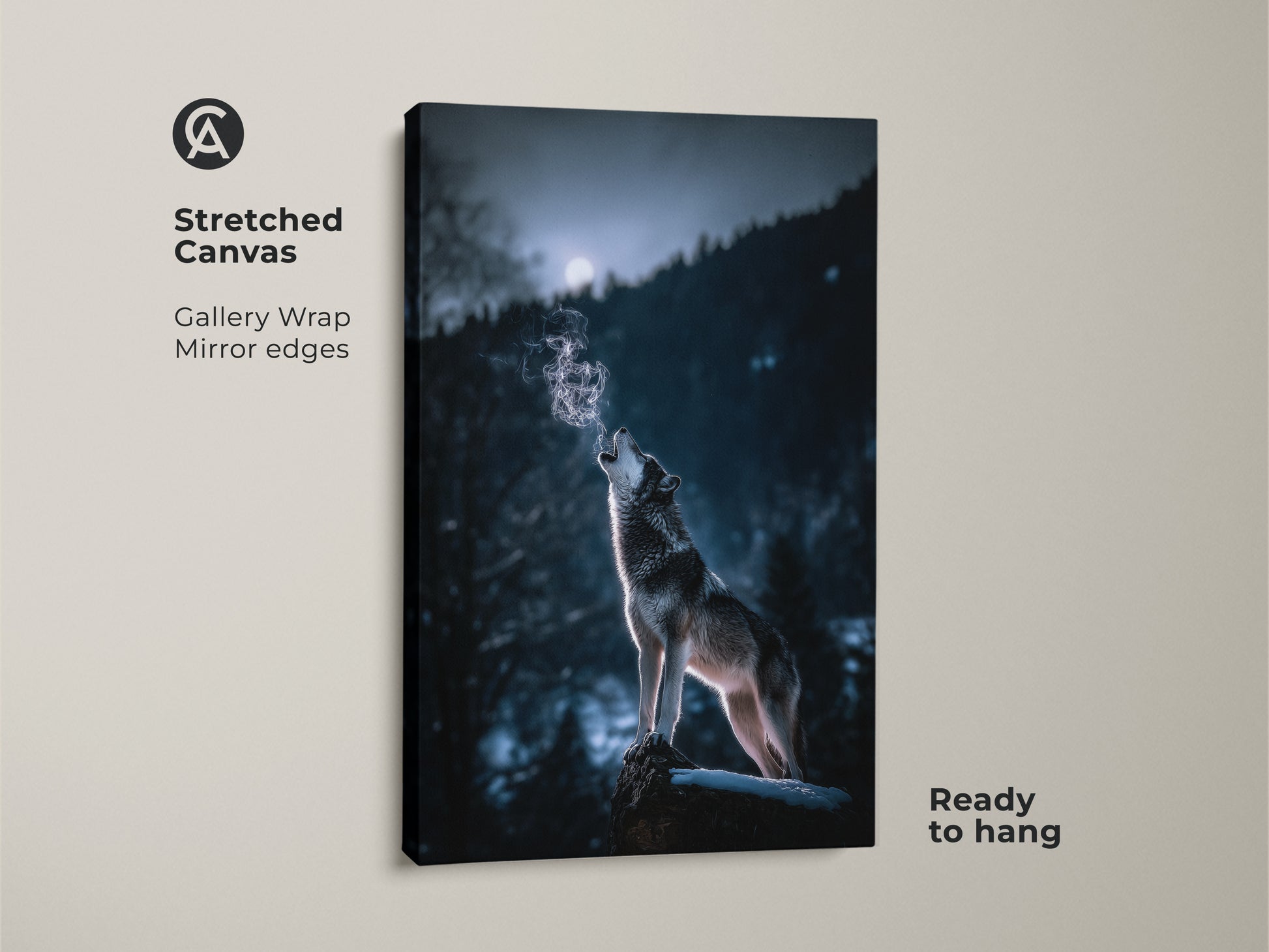 Stretched canvas art featuring a wolf howling at the moon in a blue gray forest. This gallery wrap canvas has mirror edges. The rustic wildlife print is ready to hang. It makes a perfect atmospheric nature gift for animal lovers and adds charm to any room.