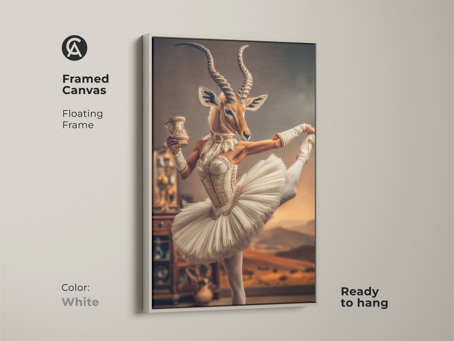 Framed canvas with a floating white frame featuring an antelope in a white tutu. This gold inspired art print adds sophistication. Ready to hang and perfect for eclectic bedroom wall decor. A unique gift for ballet enthusiasts.