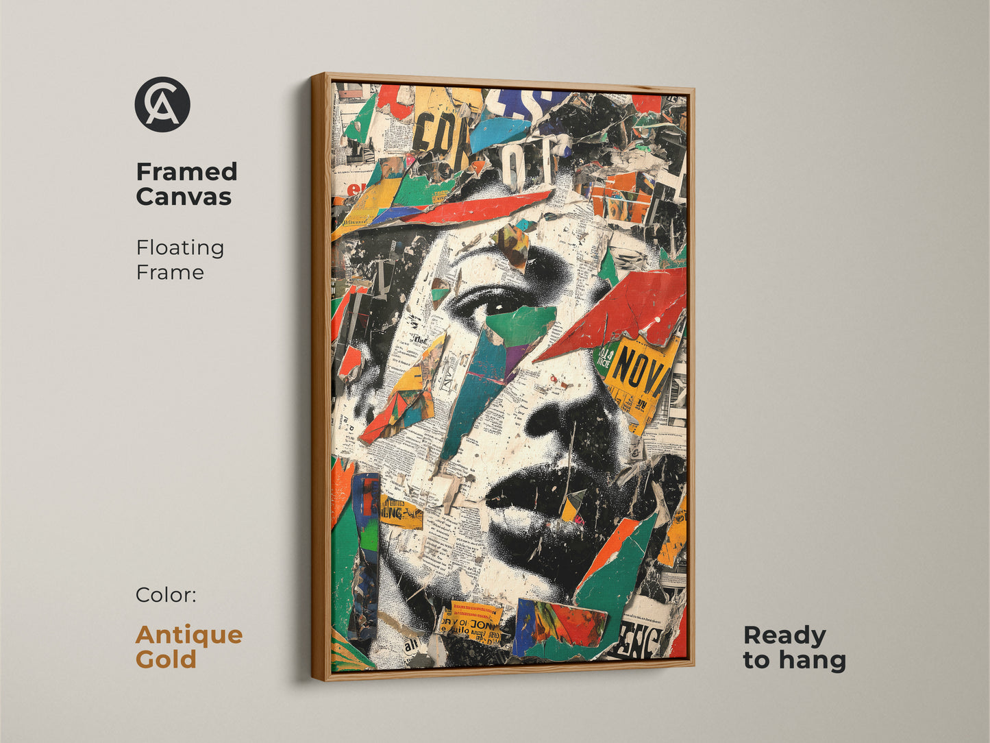 Antique gold framed canvas featuring an urban collage face artwork. This abstract portrait wall art with mixed media elements is ready to hang. The red blue and green colors make it a standout piece.
