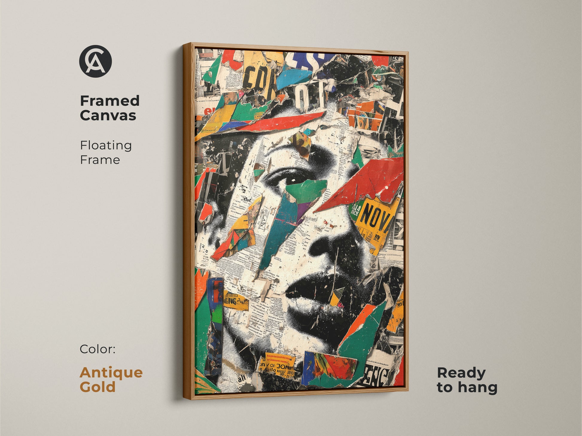 Antique gold framed canvas featuring an urban collage face artwork. This abstract portrait wall art with mixed media elements is ready to hang. The red blue and green colors make it a standout piece.