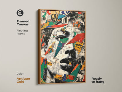 Antique gold framed canvas featuring an urban collage face artwork. This abstract portrait wall art with mixed media elements is ready to hang. The red blue and green colors make it a standout piece.