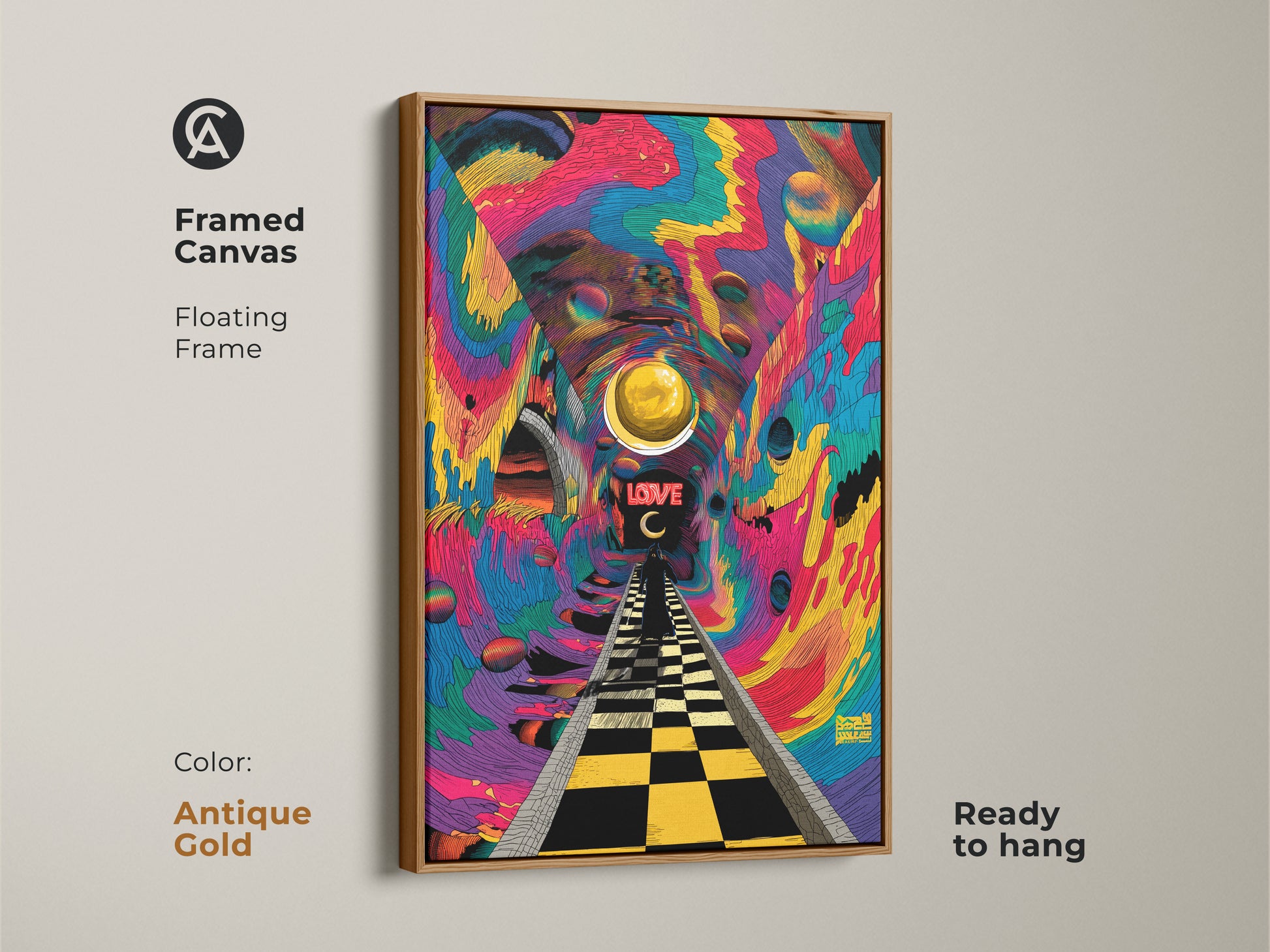 Psychedelic tunnel artwork with a white floating frame. The art has a checkered path leading to the word LOVE. A golden orb floats above in a colorful tunnel. This framed canvas is ready to hang and elevate your decor.