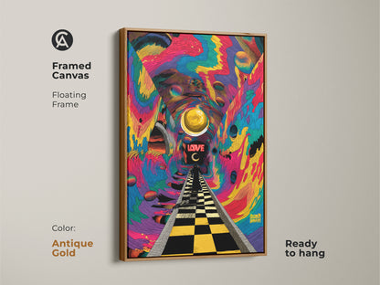 Psychedelic tunnel artwork with a white floating frame. The art has a checkered path leading to the word LOVE. A golden orb floats above in a colorful tunnel. This framed canvas is ready to hang and elevate your decor.