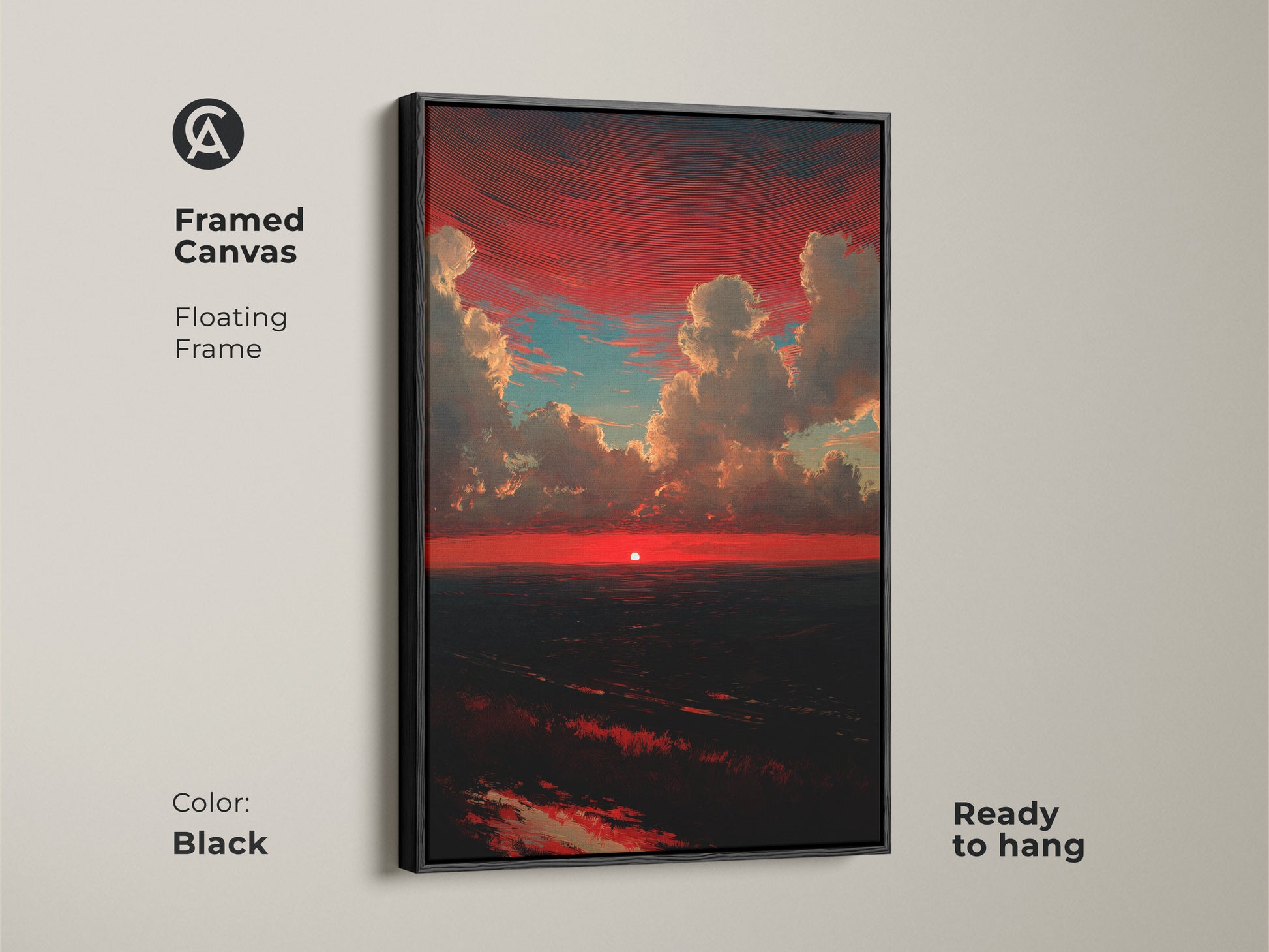 Framed crimson sunset canvas art with a black floating frame. This red and teal clouds print is ready to hang. It is perfect dramatic skyscape wall decor. The nature landscape artwork is ideal for a contemporary bedroom. A great office wall art print.