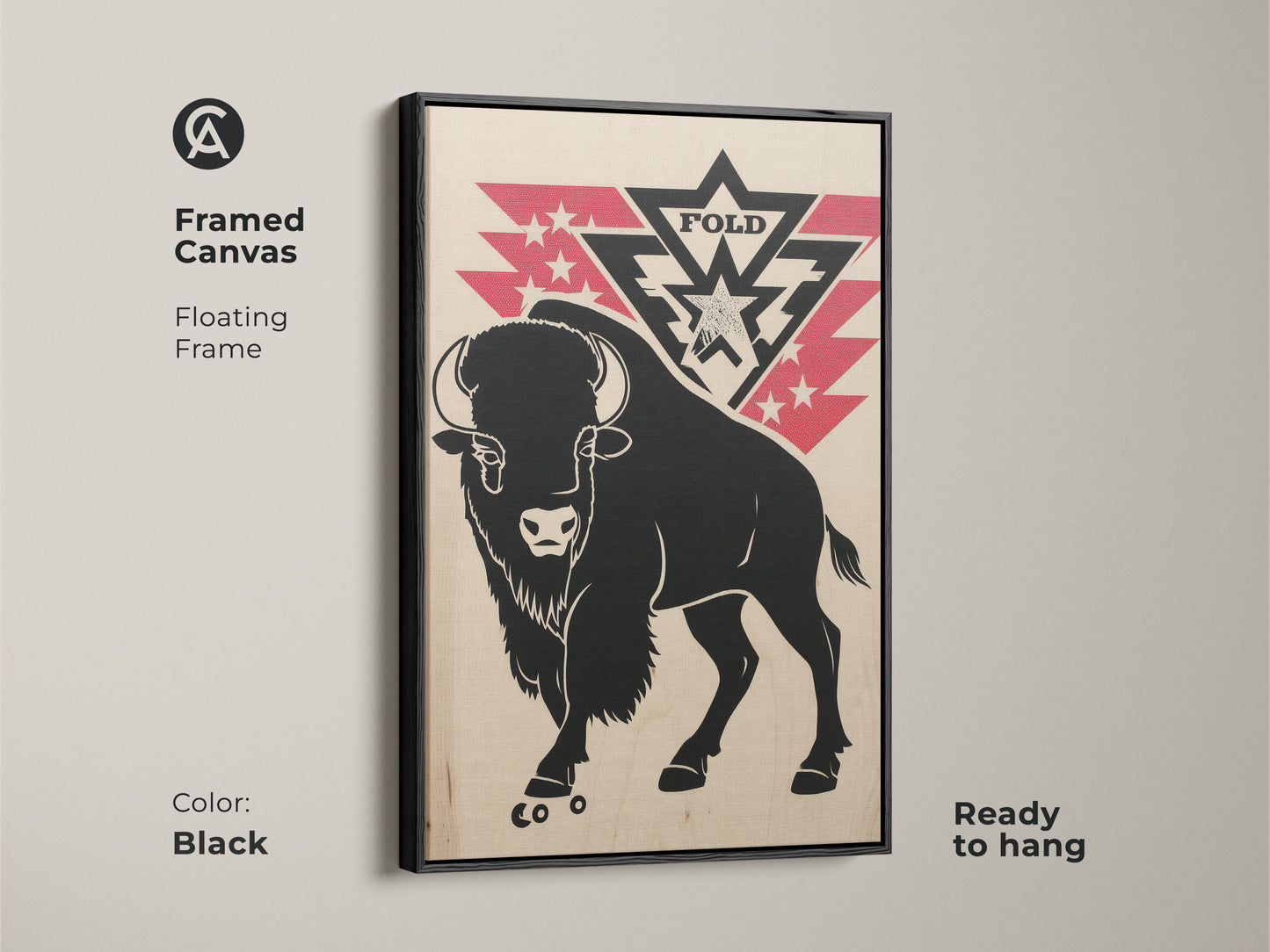 Framed canvas art showcasing a black bison and red stars. Floating frame adds a modern touch. Ready to hang. Perfect wildlife print for Americana or lodge style decor. A unique gift for nature enthusiasts.