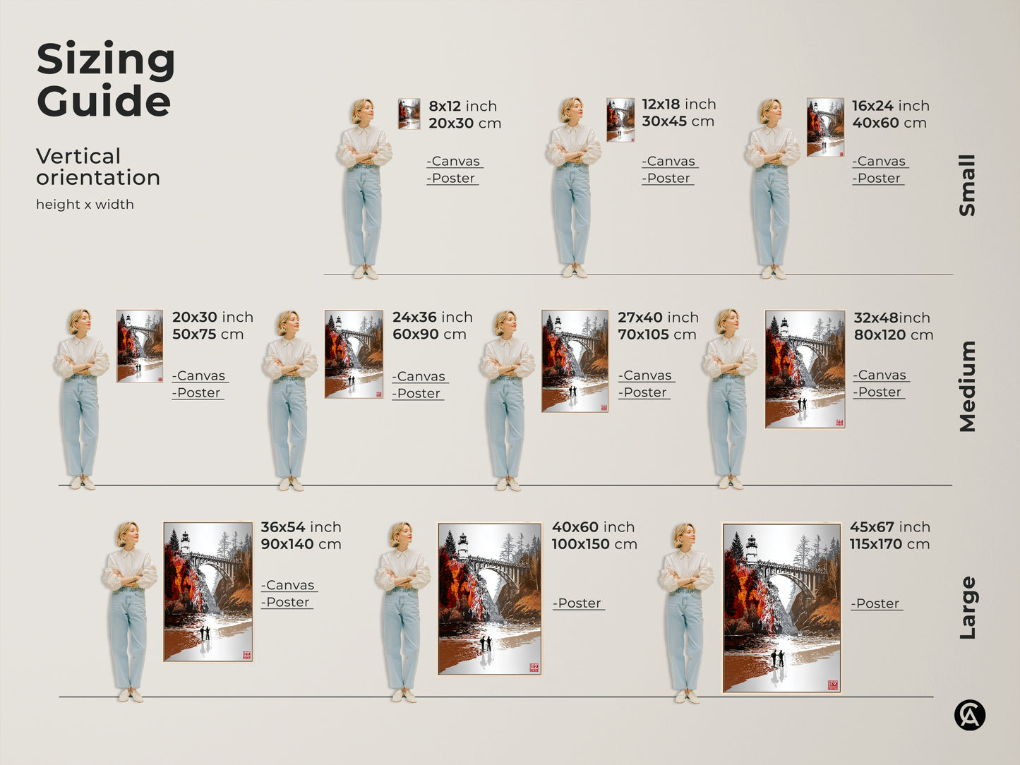 Visualize sizing options for lighthouse bridge art with this sizing guide. See how the vertical orientation fits as canvas or poster in small medium and large sizes. This orange red coastal landscape artwork suits any room. Perfect for modern farmhouse decor and a housewarming present for travelers.
