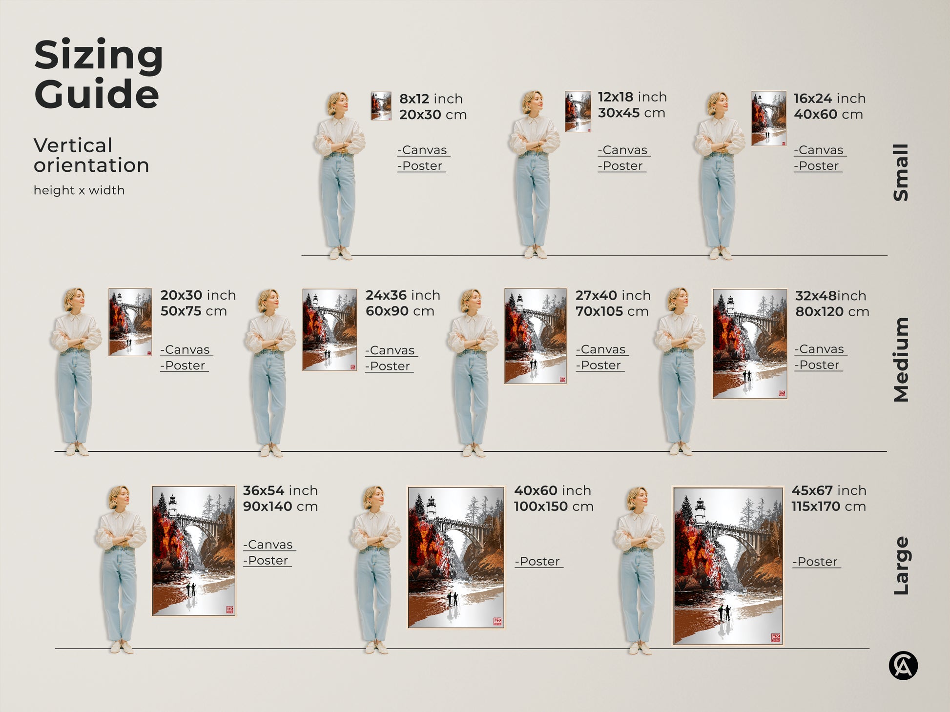Visualize sizing options for lighthouse bridge art with this sizing guide. See how the vertical orientation fits as canvas or poster in small medium and large sizes. This orange red coastal landscape artwork suits any room. Perfect for modern farmhouse decor and a housewarming present for travelers.