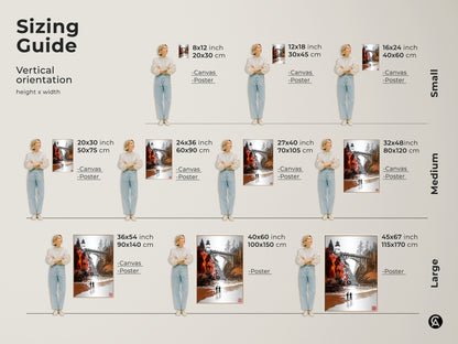Visualize sizing options for lighthouse bridge art with this sizing guide. See how the vertical orientation fits as canvas or poster in small medium and large sizes. This orange red coastal landscape artwork suits any room. Perfect for modern farmhouse decor and a housewarming present for travelers.