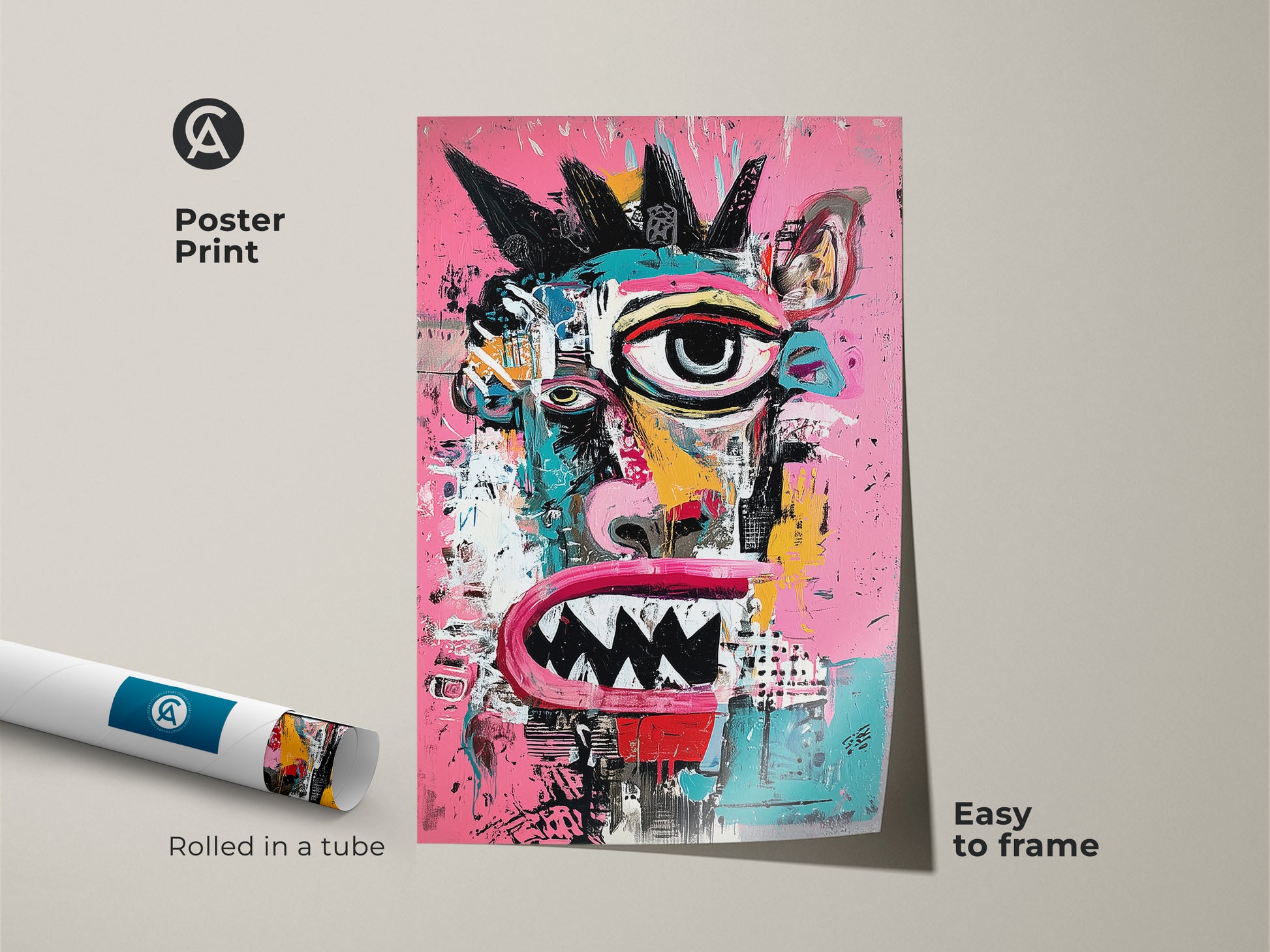 Poster print of a whimsical monster face art. Rolled in a tube this museum-quality paper poster is easy to frame. This artwork features bold colors and intricate details. An affordable way to bring contemporary art to your walls.