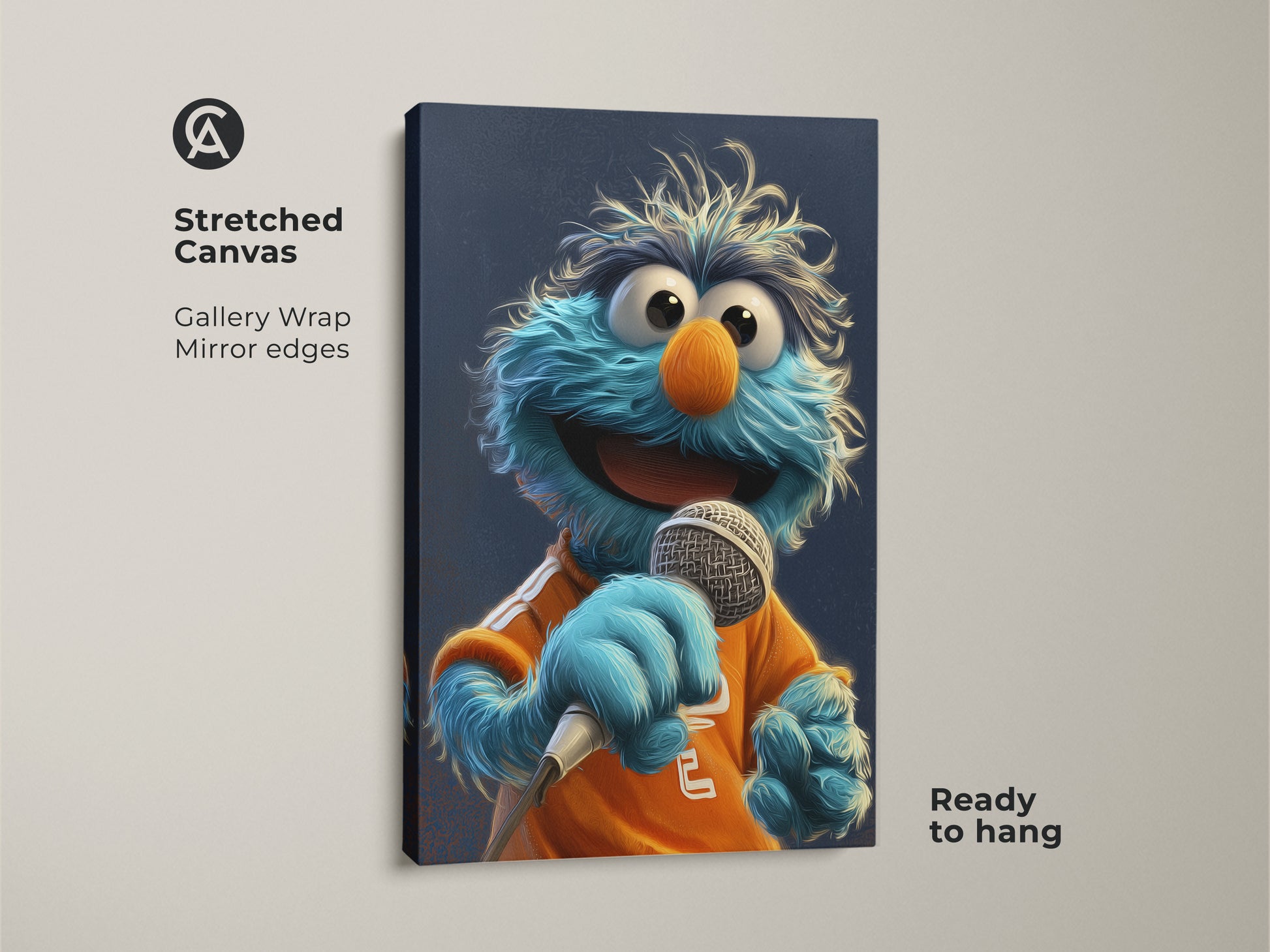 Stretched canvas gallery wrap of a blue monster character. Ready to hang kids room wall art featuring a funny character with a microphone. Unique pop culture decor.