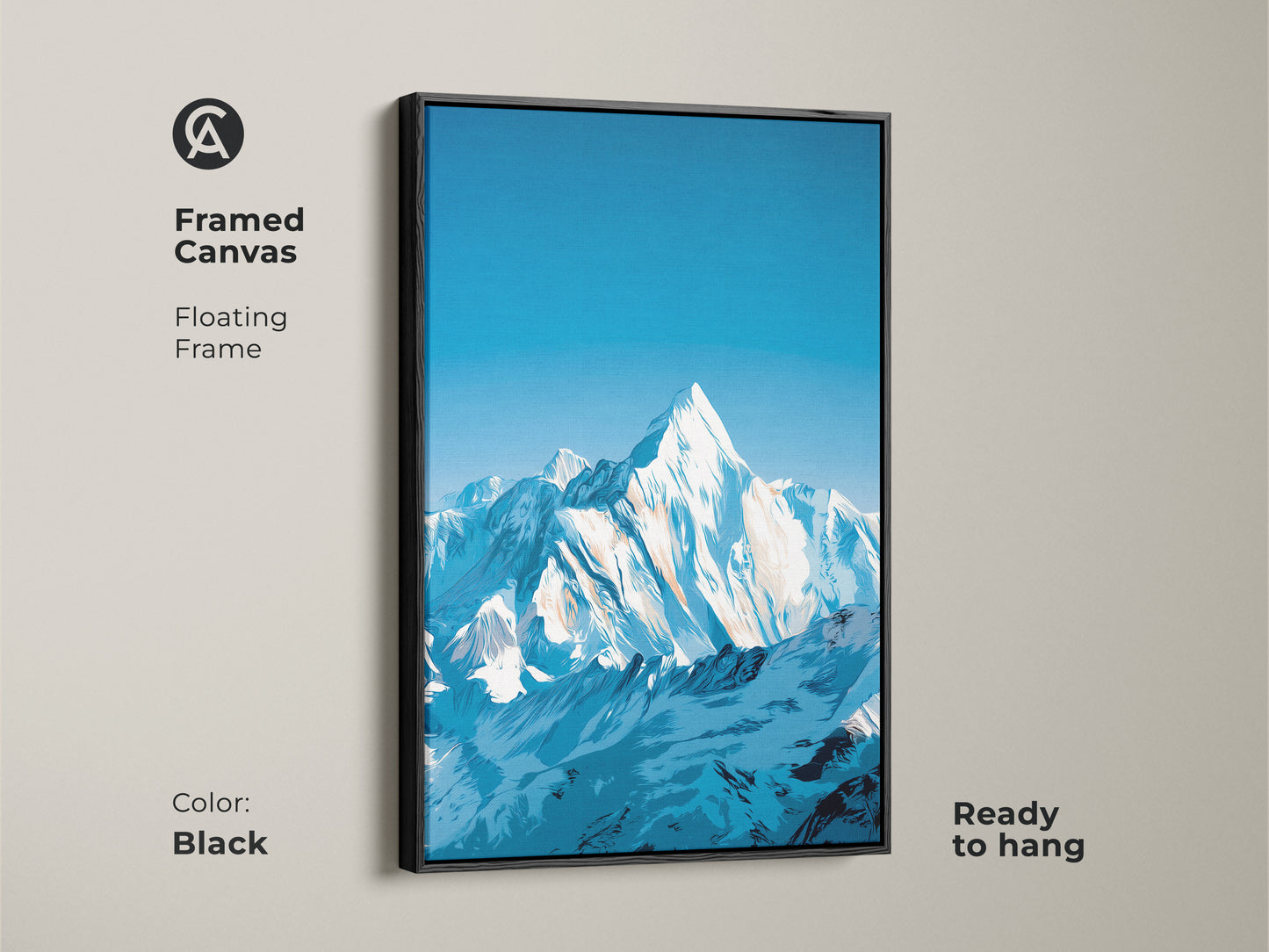 Framed canvas with a floating frame showcasing a snowy mountain range art print. The deep blue sky landscape adds a cool aesthetic to any space. Ready to hang modern wall art in a black frame.