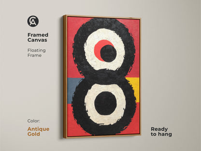 Framed canvas in antique gold floating frame featuring abstract expressionism art. Geometric circle print adds a bold touch to any room. Modern home office art or entryway decor. Ready to hang and admire.