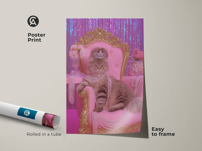 Poster print of a regal cat with a crown and pearls. The pink throne cat art is easy to frame. This unique pet portrait adds a touch of animal royalty to any space. Perfect for those who love eclectic bedroom art. It is a thoughtful cat mom gift. Shop now for this princess cat poster.