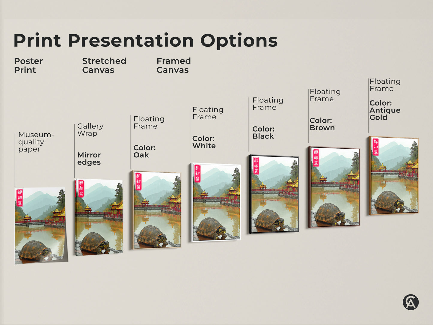 Print Presentation Options displays a variety of formats including poster prints stretched canvas and framed canvas. Showcasing the Asian Pagoda Bridge Art it offers gallery wrap options and floating frames in various colors for eclectic wall decor.