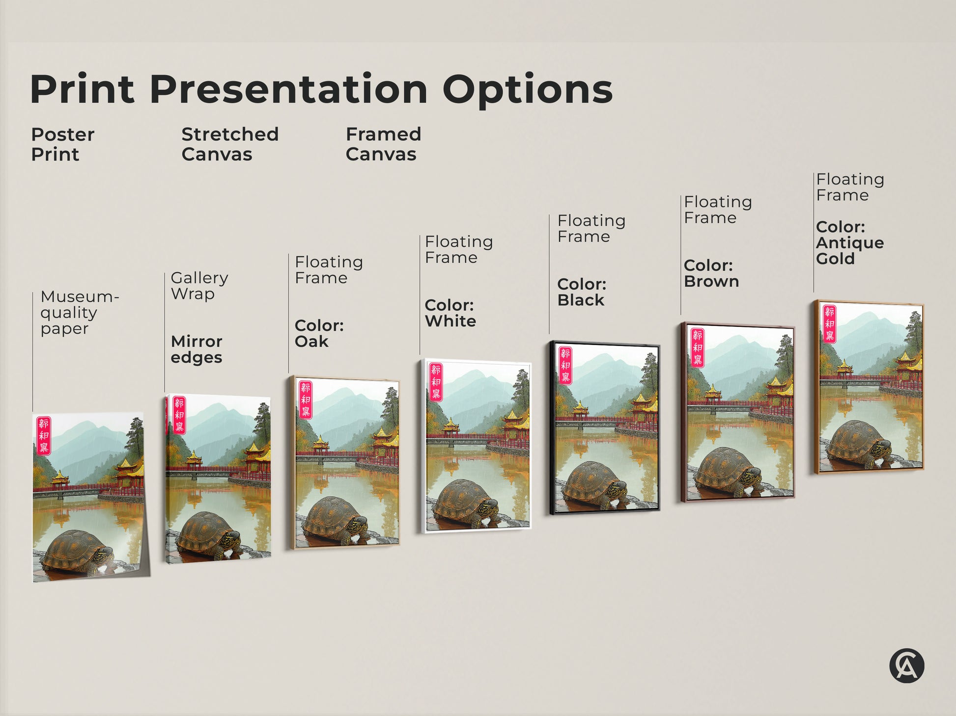 Print Presentation Options displays a variety of formats including poster prints stretched canvas and framed canvas. Showcasing the Asian Pagoda Bridge Art it offers gallery wrap options and floating frames in various colors for eclectic wall decor.