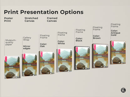 Print Presentation Options displays a variety of formats including poster prints stretched canvas and framed canvas. Showcasing the Asian Pagoda Bridge Art it offers gallery wrap options and floating frames in various colors for eclectic wall decor.