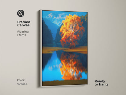 Framed Canvas with white floating frame featuring Autumn Tree by Lake. Impressionistic landscape art with vibrant orange yellow colors reflecting on blue lake. This ready to hang nature inspired art is perfect for bedroom wall decor fall. Enjoy a peaceful lake view.