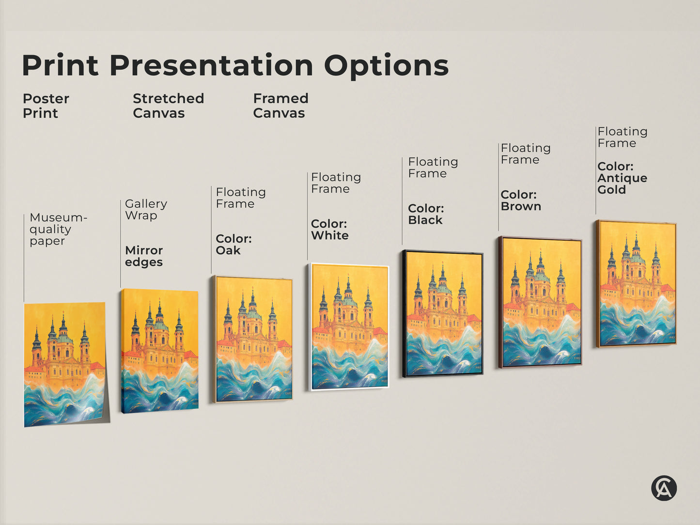 Explore print presentation options with this surreal church artwork. Choose from poster print stretched canvas or framed canvas. The yellow and blue waves canvas is versatile. Gallery wrap and floating frame options available. Find the perfect museum-quality eclectic art piece for your space.