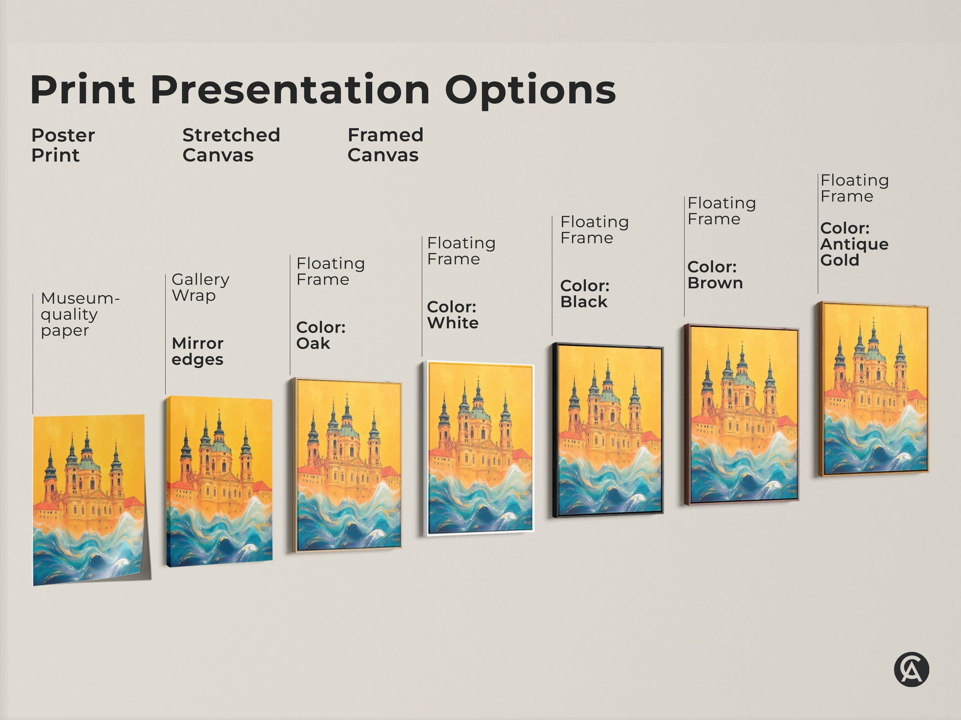 Explore print presentation options with this surreal church artwork. Choose from poster print stretched canvas or framed canvas. The yellow and blue waves canvas is versatile. Gallery wrap and floating frame options available. Find the perfect museum-quality eclectic art piece for your space.