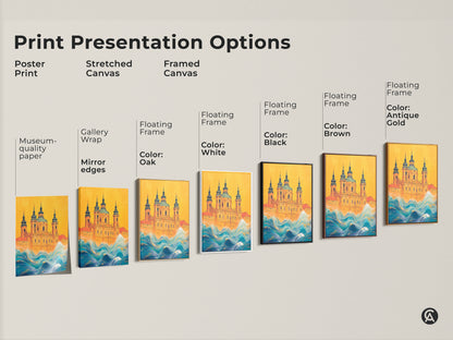Explore print presentation options with this surreal church artwork. Choose from poster print stretched canvas or framed canvas. The yellow and blue waves canvas is versatile. Gallery wrap and floating frame options available. Find the perfect museum-quality eclectic art piece for your space.