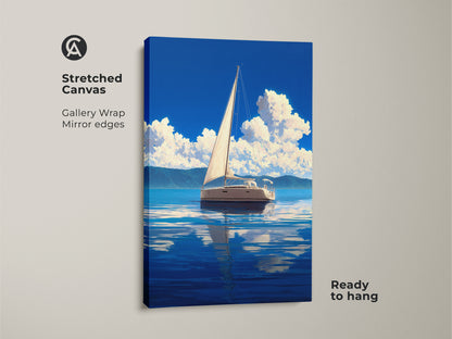 Stretched canvas print of a coastal sailboat artwork. This nautical home decor features a blue ocean seascape. The gallery wrap and mirror edges enhance the art. Ready to hang this sailing boat artwork will bring the calm and beauty of the ocean into your home. A great gift for sailors.