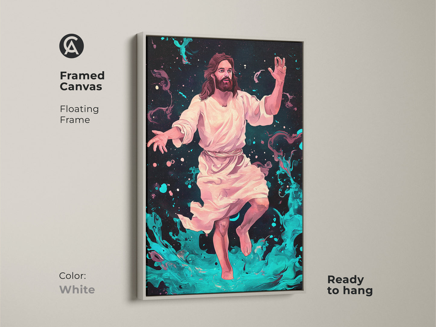Framed Canvas of Jesus Christ Abstract with Floating Frame in White. A contemporary religious art with vibrant abstract print for divine inspiration. Abstract cosmic art spiritual wall decor and ready to hang.