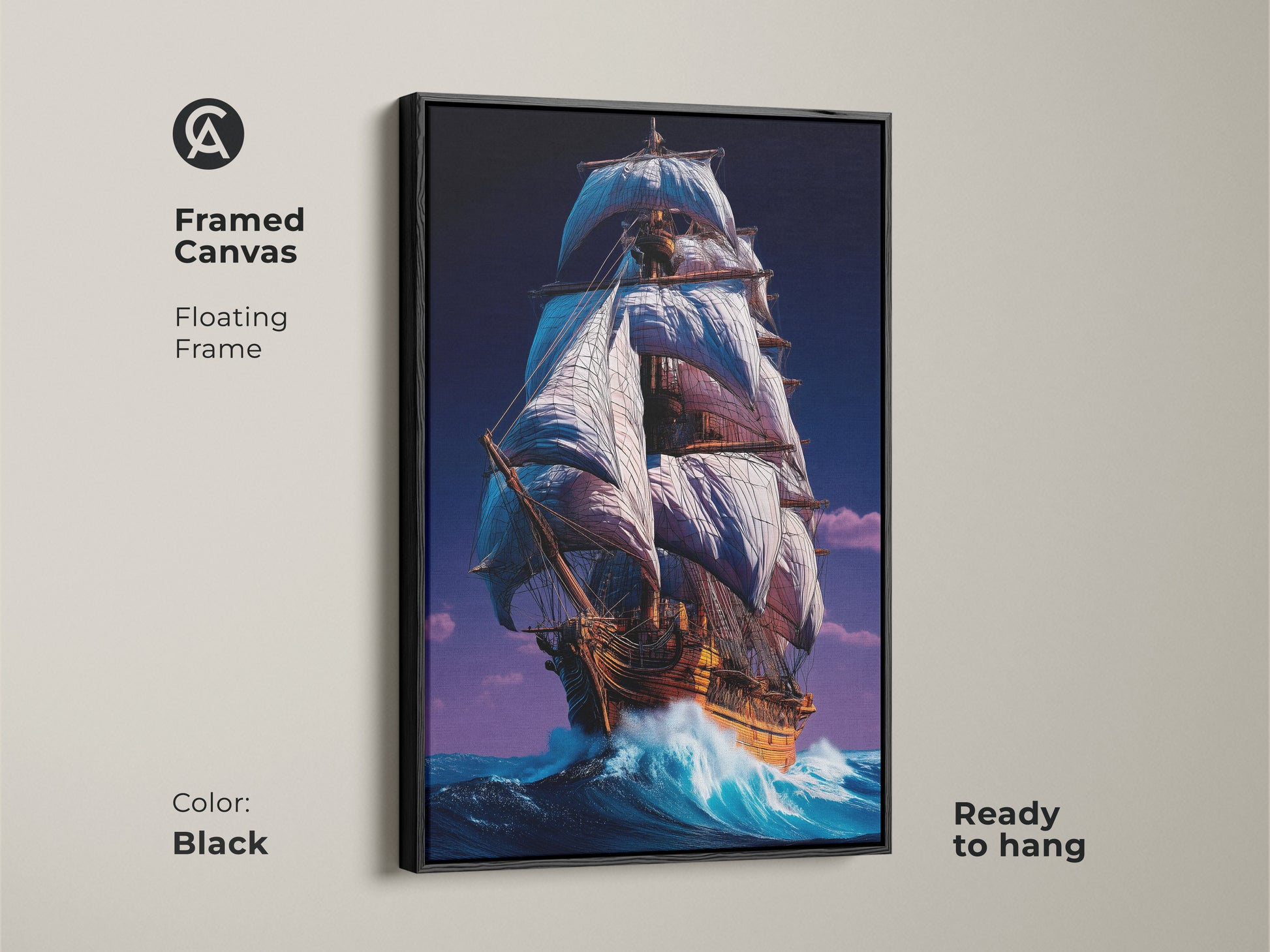 Framed canvas nautical artwork ready to hang. The floating frame features a black finish. This tall ship canvas art embodies a maritime adventure. The ocean wave artwork evokes a sense of epic journey. It is a great study office wall art piece.