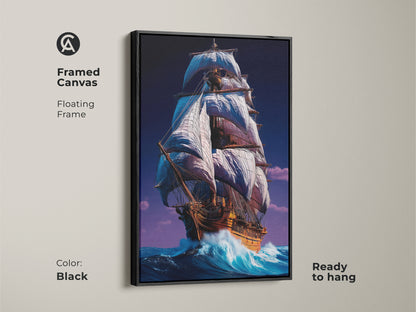 Framed canvas nautical artwork ready to hang. The floating frame features a black finish. This tall ship canvas art embodies a maritime adventure. The ocean wave artwork evokes a sense of epic journey. It is a great study office wall art piece.