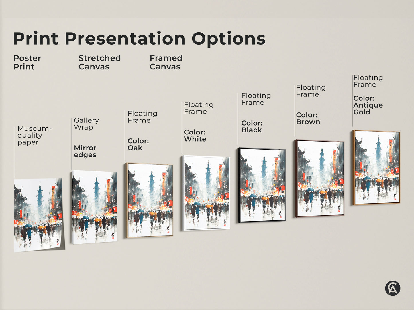 This image shows print presentation options. See poster prints stretched canvas and framed canvas options. Floating frames come in white black oak brown and antique gold.