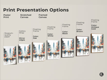 This image shows print presentation options. See poster prints stretched canvas and framed canvas options. Floating frames come in white black oak brown and antique gold.