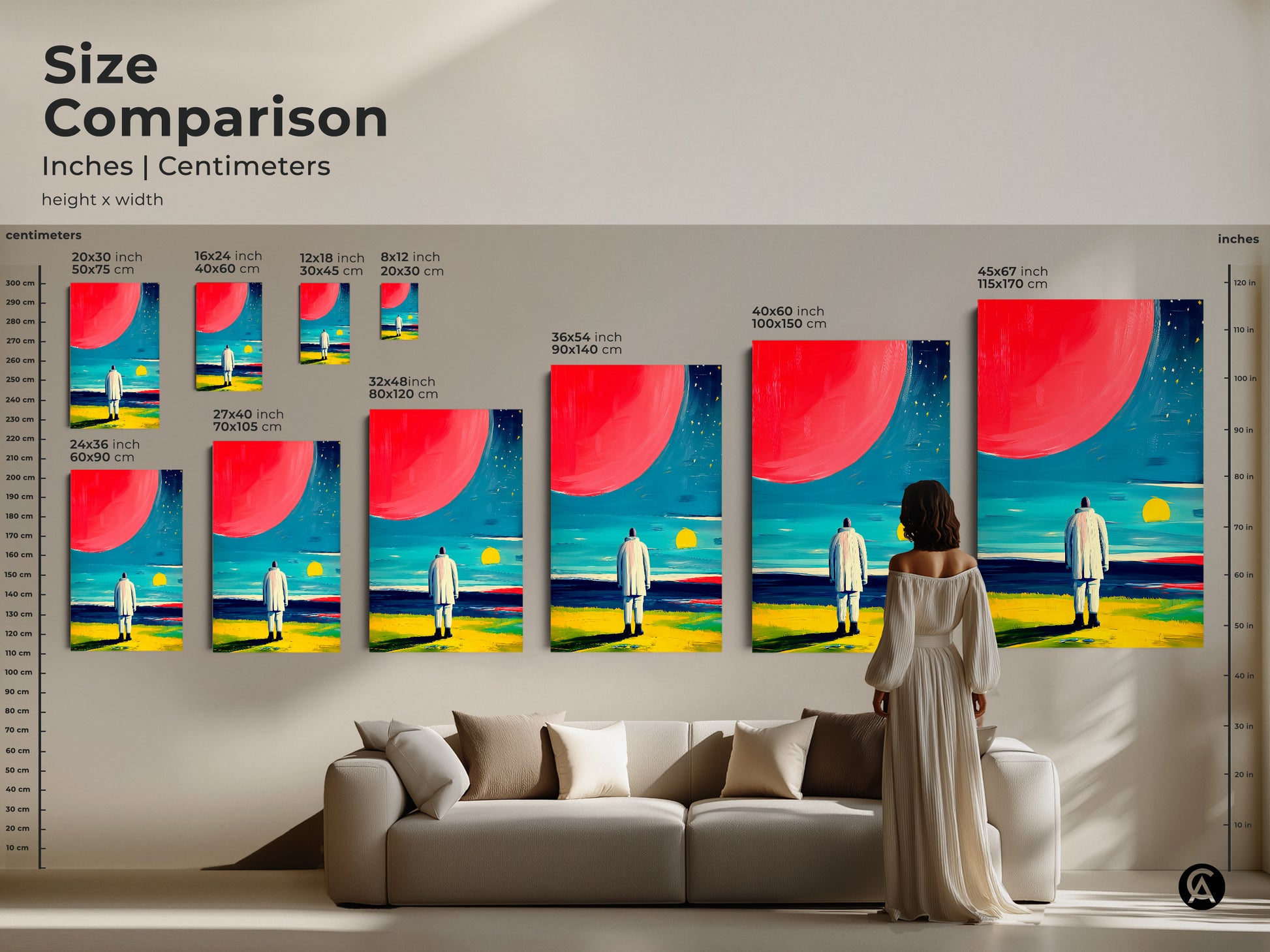 Size comparison of the contemporary orange blue teal art in inches and centimeters. The modern geometric artwork is displayed in various sizes above a sofa. Perfect for showcasing the scale of this home decor art.