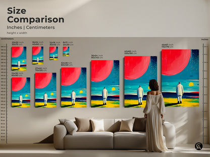 Size comparison of the contemporary orange blue teal art in inches and centimeters. The modern geometric artwork is displayed in various sizes above a sofa. Perfect for showcasing the scale of this home decor art.