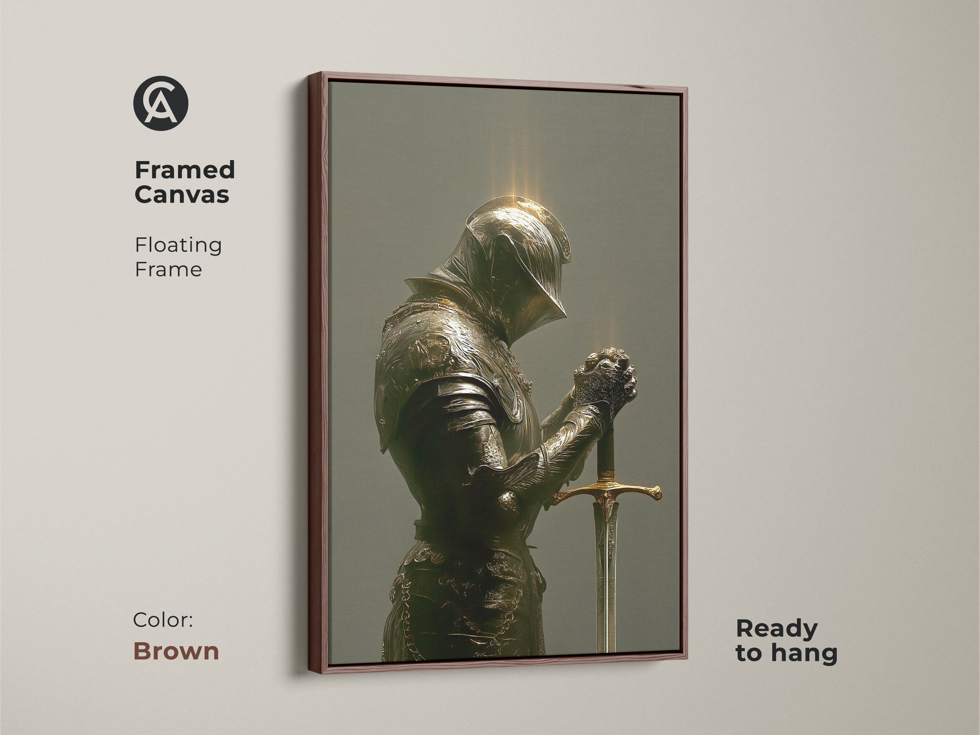 Framed Canvas featuring a Knight in armor with a floating frame in black. The artwork is ready to hang. It embodies a Gothic and Dark Academia aesthetic. Perfect for a Study Room or Office. This piece brings a touch of refined style.