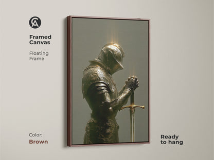 Framed Canvas featuring a Knight in armor with a floating frame in black. The artwork is ready to hang. It embodies a Gothic and Dark Academia aesthetic. Perfect for a Study Room or Office. This piece brings a touch of refined style.
