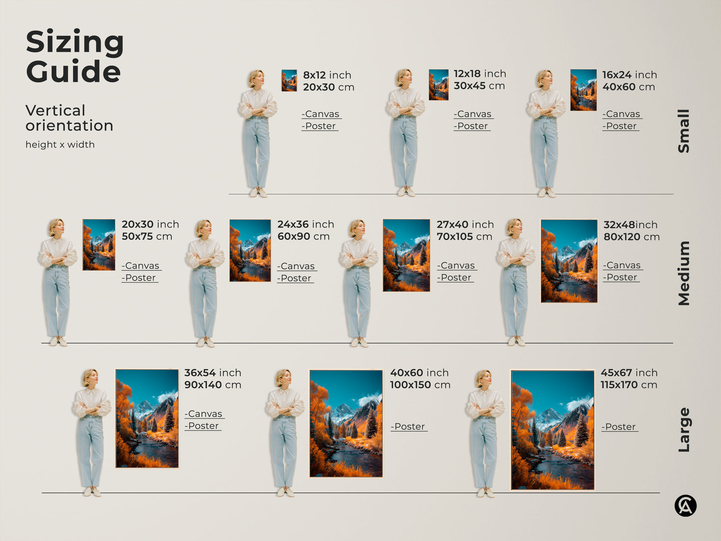 Sizing guide for vertical mountain river landscape art. Visualize artwork dimensions from small to large sizes available in canvas and poster prints. Find the ideal size to fit your wall space from 8x12 inches to 45x67 inches. Transform your space with nature-inspired art.