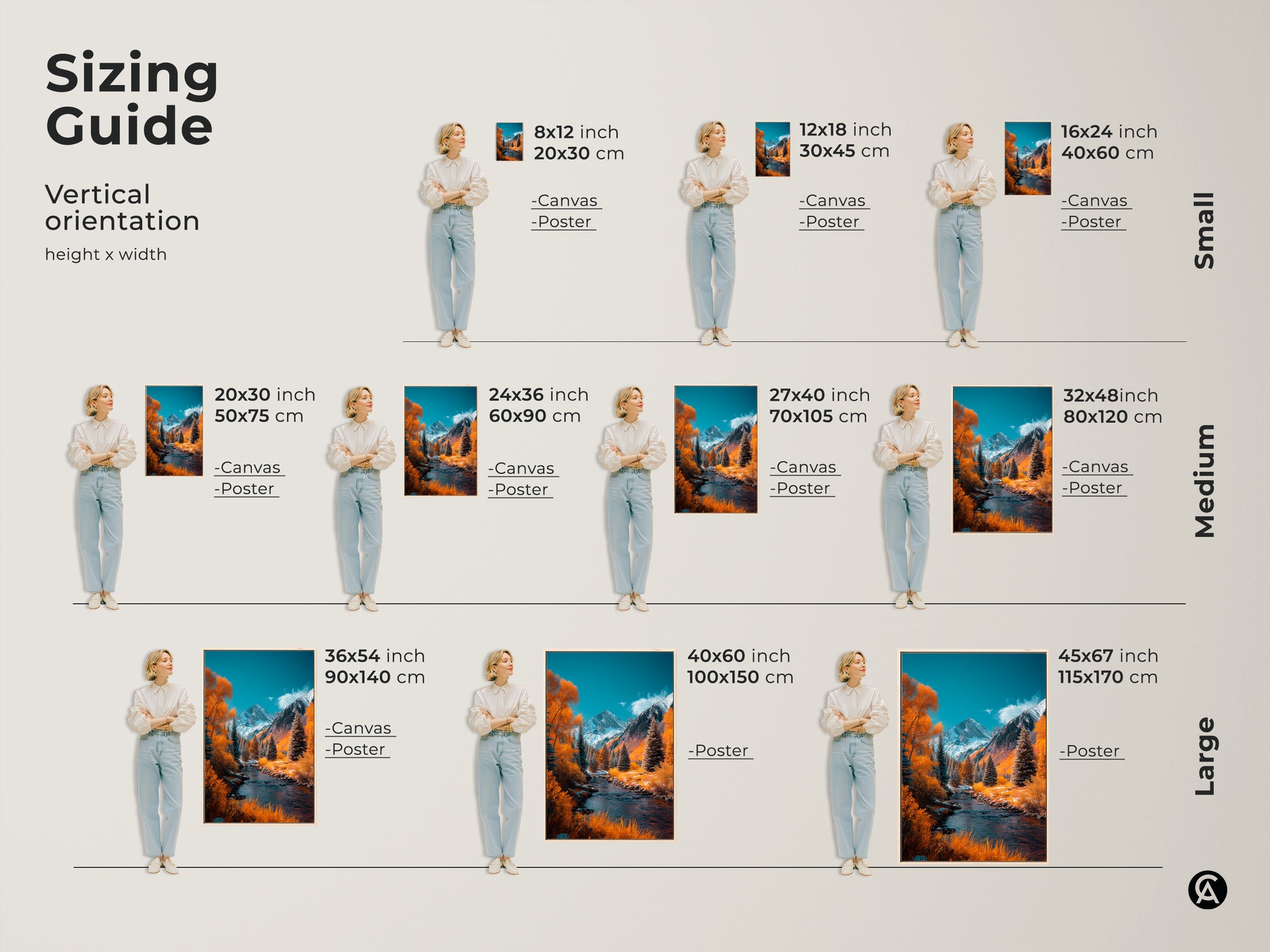 Sizing guide for vertical mountain river landscape art. Visualize artwork dimensions from small to large sizes available in canvas and poster prints. Find the ideal size to fit your wall space from 8x12 inches to 45x67 inches. Transform your space with nature-inspired art.