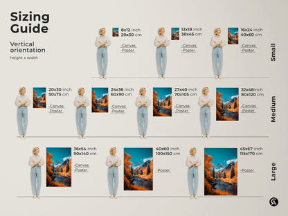 Sizing guide for vertical mountain river landscape art. Visualize artwork dimensions from small to large sizes available in canvas and poster prints. Find the ideal size to fit your wall space from 8x12 inches to 45x67 inches. Transform your space with nature-inspired art.