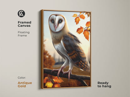 Framed canvas of a realistic barn owl artwork with an antique gold floating frame. This rustic autumn decor showcases maple leaves. It is a bird lover gift ready to hang. Adds natural elegance.