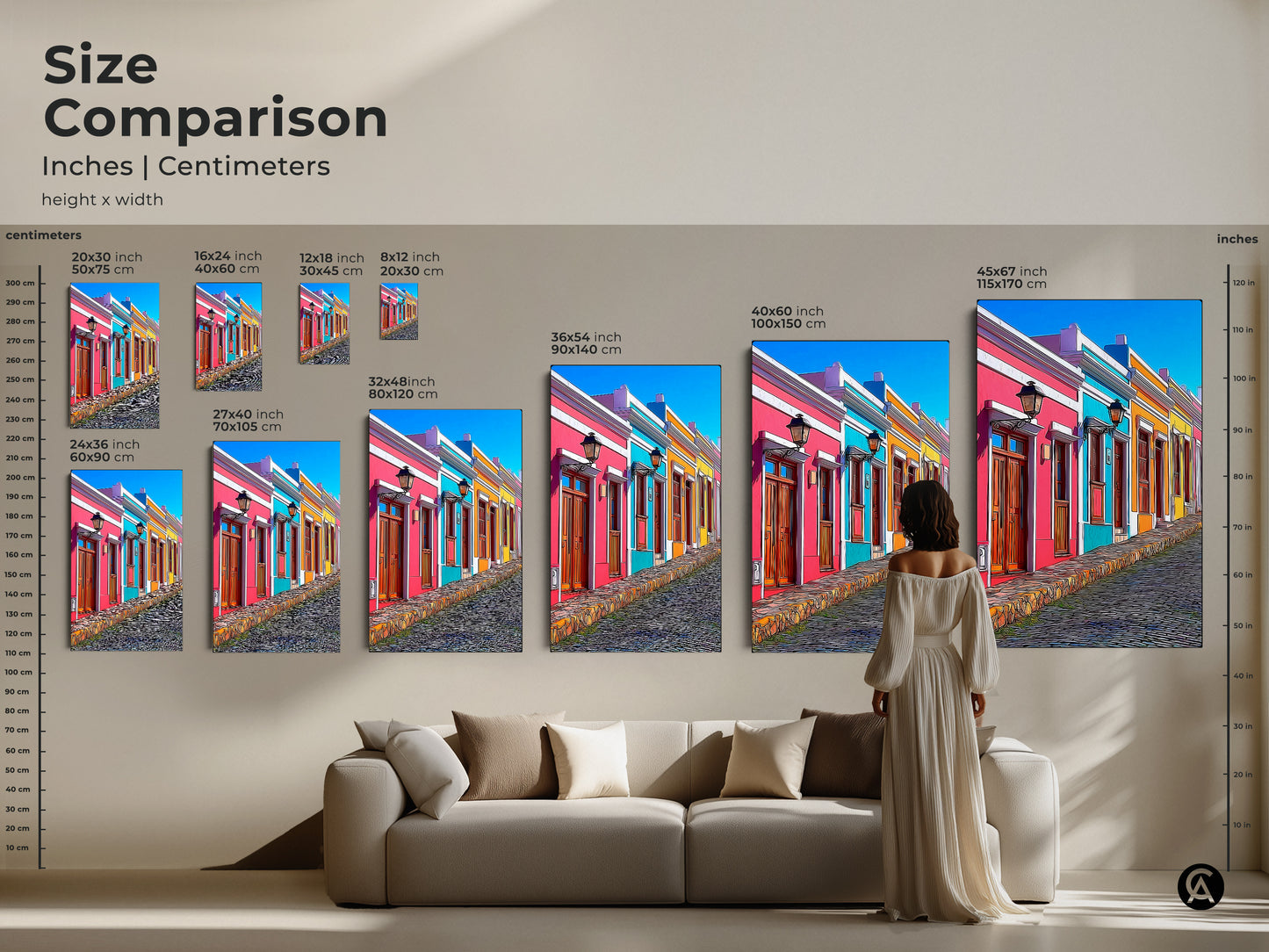 A size comparison shows the colorful houses art print in various sizes for eclectic home decor. This cartoonish travel artwork featuring a European street scene makes a vibrant statement. Sizes range to fit any wall. Perfect as art for a living room or a unique gift for travelers seeking wanderlust wall art.