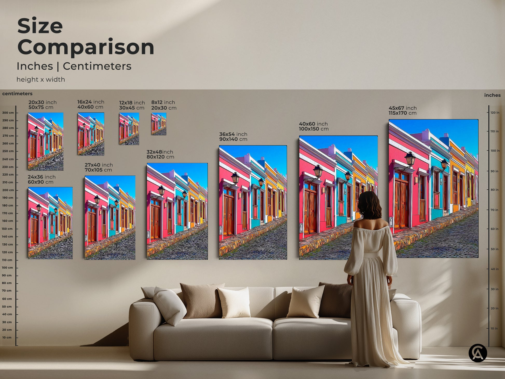 A size comparison shows the colorful houses art print in various sizes for eclectic home decor. This cartoonish travel artwork featuring a European street scene makes a vibrant statement. Sizes range to fit any wall. Perfect as art for a living room or a unique gift for travelers seeking wanderlust wall art.