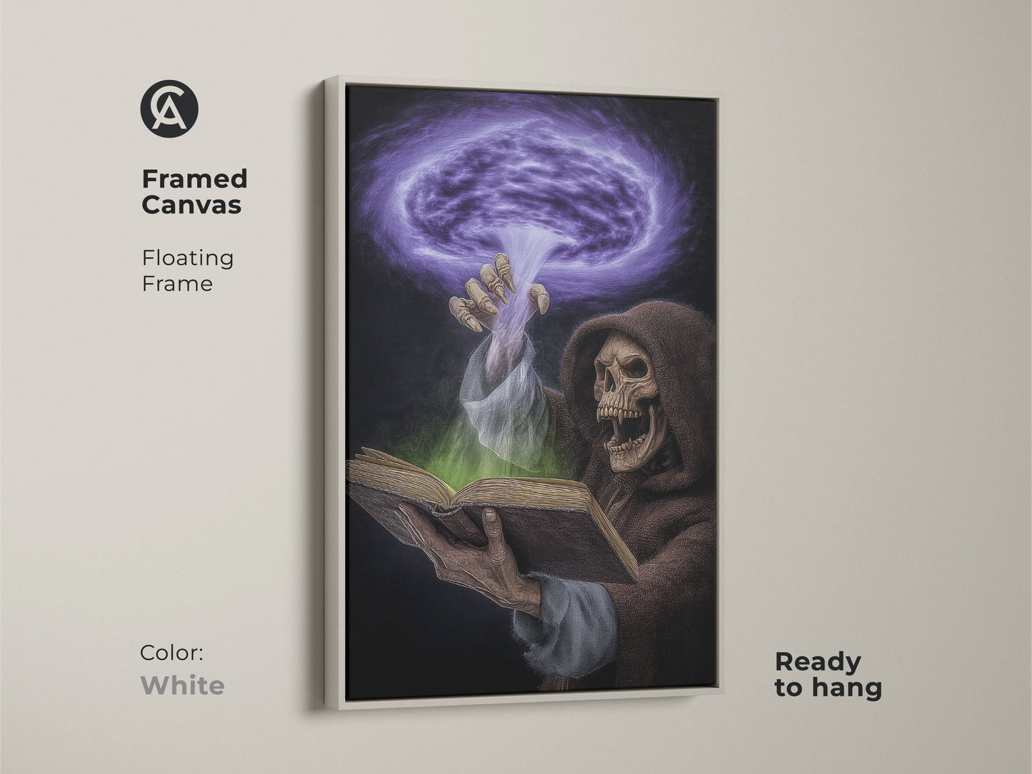 A framed white canvas showcases gothic spellbook art. The dark fantasy artwork features a Grim Reaper and spellbook. This purple and green magic wall art adds an eclectic touch. Ready to hang this canvas is ideal for goth subculture decor in a study room or office. It is a great Halloween gift.