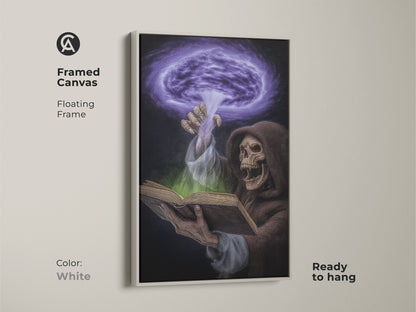 A framed white canvas showcases gothic spellbook art. The dark fantasy artwork features a Grim Reaper and spellbook. This purple and green magic wall art adds an eclectic touch. Ready to hang this canvas is ideal for goth subculture decor in a study room or office. It is a great Halloween gift.