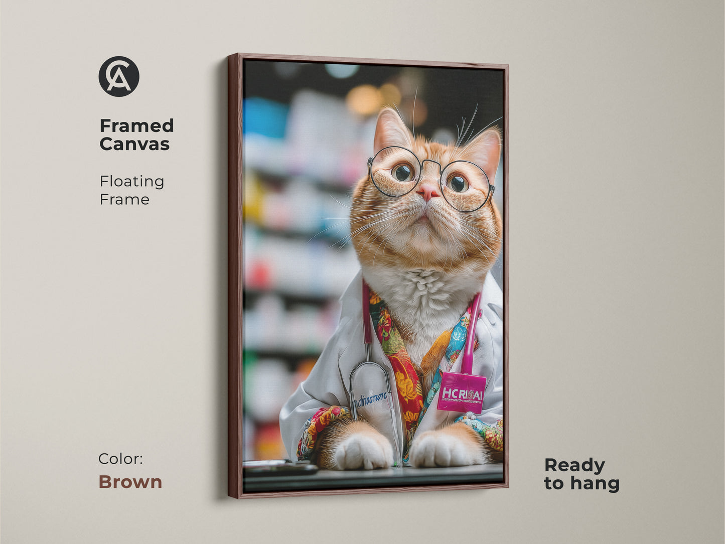 Brown framed canvas featuring an orange cat doctor. This funny animal artwork brightens up any office. It serves as a memorable veterinarian gift. The cat lover wall decor showcases humorous professional art. This quirky cat portrait print adds charm.