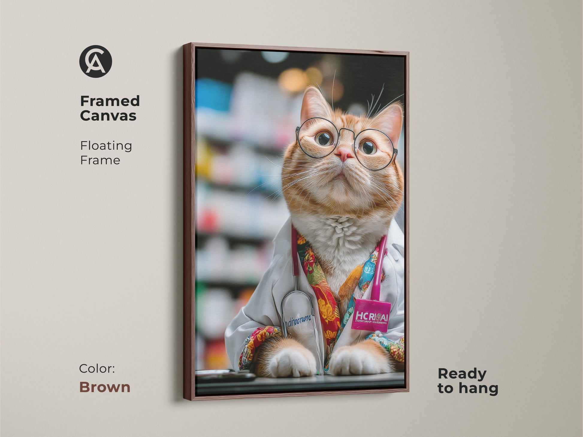 Brown framed canvas featuring an orange cat doctor. This funny animal artwork brightens up any office. It serves as a memorable veterinarian gift. The cat lover wall decor showcases humorous professional art. This quirky cat portrait print adds charm.